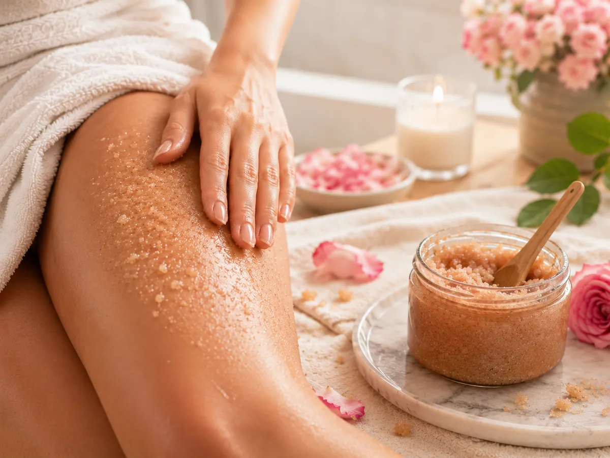 Handmade sugar scrub ritual with rose petals and candle