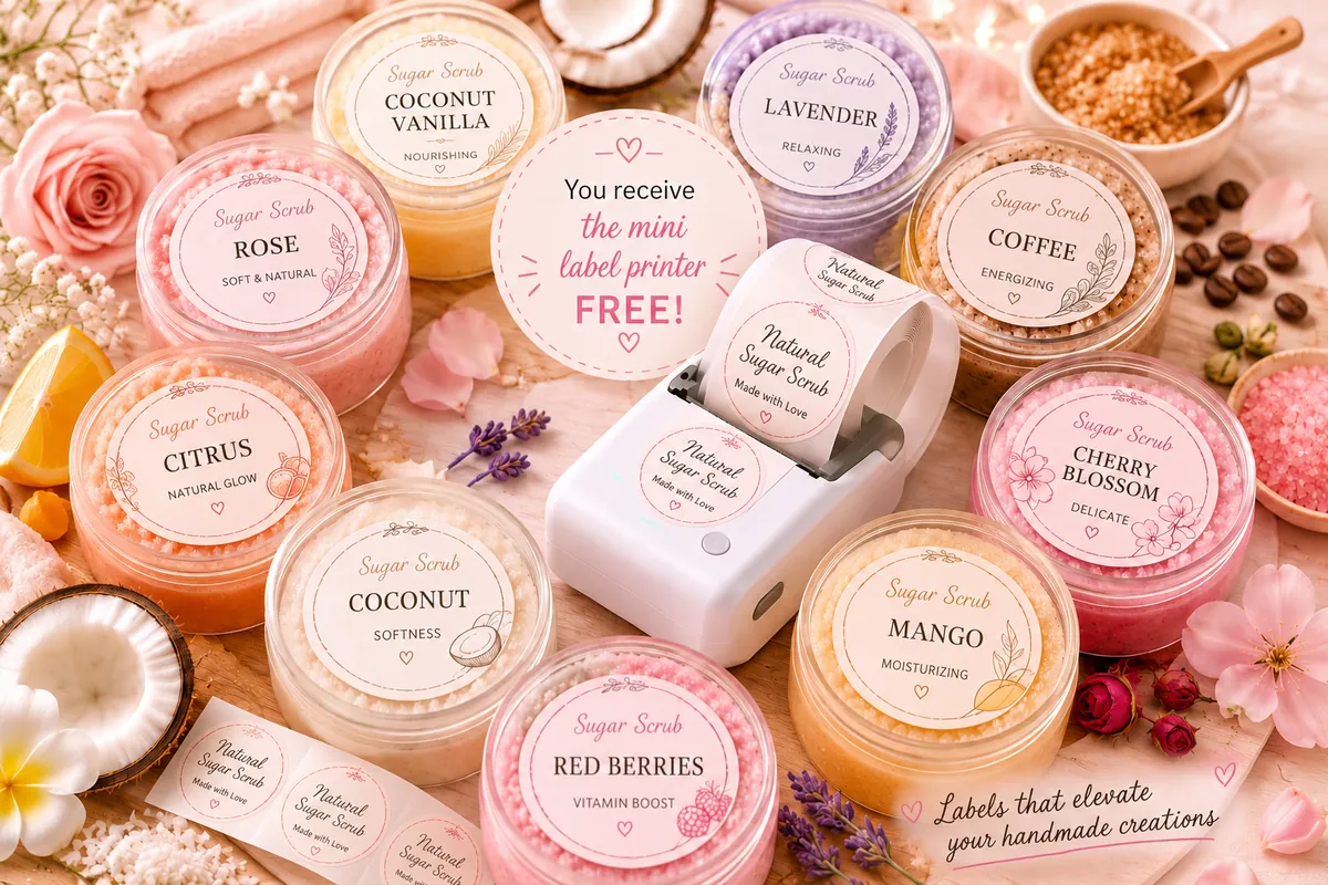Mini label printer with handmade sugar scrub jars